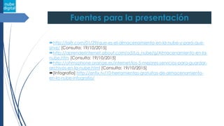 Fuentes para la presentación
http://laifr.com/01/29/que-es-el-almacenamiento-en-la-nube-y-para-que-
sirve/ [Consulta: 19/10/2015]
http://aprenderinternet.about.com/od/La_nube/g/Almacenamiento-en-la-
nube.htm [Consulta: 19/10/2015]
http://ohmyphone.orange.es/internet/los-5-mejores-servicios-para-guardar-
archivos-en-la-nube.html [Consulta: 19/10/2015]
[Infografía] http://anfix.tv/10-herramientas-gratuitas-de-almacenamiento-
en-la-nube-infografia/
 