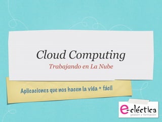 Cloud Computing
                 Trabajando en La Nube



Ap lic ac io ne s q ue n o s h ac e n la v id a + fác il
 