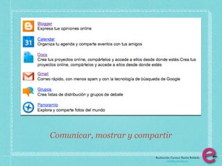 Comunicar, mostrar y compartir

                         Realización: Carmen Martín Robledo
                                   info@e-clectica.eu
 