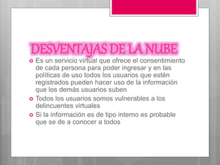 DESVENTAJAS DE LA NUBE
 Es un servicio virtual que ofrece el consentimiento
de cada persona para poder ingresar y en las
políticas de uso todos los usuarios que estén
registrados pueden hacer uso de la información
que los demás usuarios suben
 Todos los usuarios somos vulnerables a los
delincuentes virtuales
 Si la información es de tipo interno es probable
que se de a conocer a todos
 