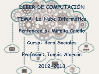 DEBER DE COMPUTACIÓN

TEMA: La Nube Informática

Pertenece a: Mirelia Criollo

   Curso: 3ero Sociales

 Profesor: Tomás Alarcón

        2012-2013
 