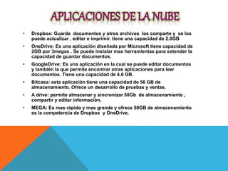 • Dropbox: Guarda documentos y otros archivos los comparte y se los
puede actualizar , editar e imprimir. tiene una capacidad de 2.0GB
• OneDrive: Es una aplicación diseñada por Microsoft tiene capacidad de
2GB por 3megas . Se puede instalar mas herramientas para extender la
capacidad de guardar documentos.
• GoogleDrive: Es una aplicación en la cual se puede editar documentos
y también la que permite encontrar otras aplicaciones para leer
documentos. Tiene una capacidad de 4.6 GB.
• Bitcasa: esta aplicación tiene una capacidad de 56 GB de
almacenamiento. Ofrece un desarrollo de pruebas y ventas.
• A drive: permite almacenar y sincronizar 50Gb de almacenamiento ,
compartir y editar información.
• MEGA: Es mas rápido y mas grande y ofrece 50GB de almacenamiento
es la competencia de Dropbox y OneDrive.
 