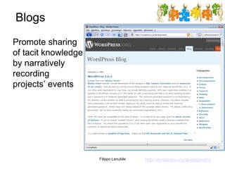 Blogs
Promote sharing
of tacit knowledge
by narratively
recording
projects’ events
Filippo Lanubile http://wordpress.org/d...