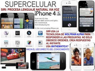 SUPERCELULAR
SIRI: PROCESA LENGUAJE NATURAL VIA VOZ




                                 SIRI USA LA
                                 TECNOLOGIA DE WOLFRAM ALPHA PARA
                                 RESPONDER A LAS PREGUNTAS. NO SOLO
                                 OBEDECE ORDENES, CREA RESPUESTAS
                                 AL INSTANTE.
                                 USA MATHEMATICA?
                HACIA EL USO DIRECTO DEL CONOCIMIENTO
 