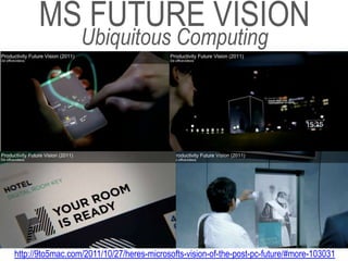 MS FUTURE VISION
                  Ubiquitous Computing




http://9to5mac.com/2011/10/27/heres-microsofts-vision-of-the-post-pc-future/#more-103031
 
