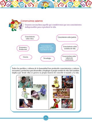 17
Unamos con una línea aquello que consideremos que son conocimientos
indispensables para reproducir la vida.
Todos los pueblos y culturas de la humanidad han producido conocimientos y saberes
necesarios y pertinentes para desarrollar y desplegar su propio sentido de vida. Esto también
implica que desde ellas se genera su propia manera de concebir el mundo y la vida.
Tecnología.
Conocimiento
sobre ética.
Ciencia.
Economía y
Producción.
Conocimiento sobre
sentidos de vida.
Conocimiento sobre justicia.
Conocimientos
indispensables para
reproducir la vida.
Cooncientizar sobre
valores de
convivencia.
 