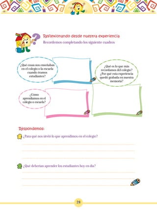 28
Recordemos completando los siguiente cuadros
¿Cómo
aprendíamos en el
colegio o escuela?
¿Qué es lo que más
recordamos del colegio?
¿Por qué esta experiencia
quedó grabada en nuestra
memoria?
¿Para qué nos sirvió lo que aprendimos en el colegio?
¿Qué deberían aprender los estudiantes hoy en día?
¿Qué cosas nos enseñaban
en el colegio o la escuela
cuando éramos
estudiantes?
 