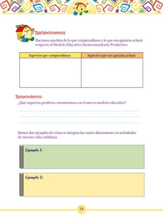 ¿Qué aspectos positivos encontramos en el nuevo modelo educativo?
Damos dos ejemplos de cómo se integran las cuatro dimensiones en actividades
de nuestra vida cotidiana.
Hacemos una lista de lo que comprendimos y lo que nos gustaría aclarar
respecto al Modelo Educativo Sociocomunitario Productivo
Aspectos que comprendimos Aspectos qué nos gustaría aclarar
34
 