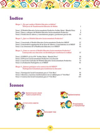 iii
Bloque 1: ¿Por qué cambia el Modelo Educativo en Bolivia?
El Proyecto de Transformación Educativa de Bolivia
Tema 1. El Modelo Educativo Sociocomunitario Productivo Avelino Siñani - Elizardo Pérez
Tema 2. Bases y enfoques del Modelo Educativo Sociocomunitario Productivo
Tema 3. Producción de saberes y conocimientos propios y pertinentes para la vida
Bloque 2: ¿Qué es el Modelo Educativo Sociocomunitario Productivo?
Tema 1. Conociendo el Modelo Educativo Sociocomunitario Productivo MESCP
Tema 2. Conociendo la organización de las Áreas de Saberes y Conocimientos en el MESCP
Tema 3. Los elementos de la Planificación Educativa en el MESCP
Bloque 3: ¿Cómo se concreta el Modelo Educativo Sociocomunitario Productivo?
Construyendo una educación con identidad para transformar la realidad
Tema 1. El MESCP y la Ley 070 "Avelino Siñani - Elizardo Pérez"
Tema 2. El Proyecto Sociocomunitario Productivo en la Escuela
Tema 3. Concreción Curricular del Modelo Educativo Sociocomunitario Productivo
Tema 4. La Evaluación Participativa en el MESCP
Bloque 4: ¿Quiénes participan en la construcción del MESCP?
Participación Comunitaria para transformar la educación
Tema 1. Participación Social Comunitaria para el "Vivir Bien"
Tema 2. Maestras y maestros transformadores de la realidad para el "Vivir Bien"
Tema 3. Construcción Social Comunitaria para el "Vivir Bien"
1
3
9
15
25
27
37
45
57
59
67
73
81
91
93
99
107
 