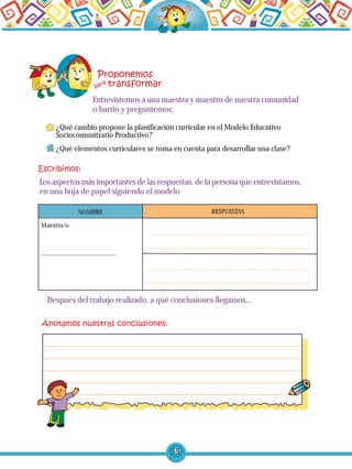 ¿Qué cambio propone la planificación curricular en el Modelo Educativo
Sociocomunitrario Productivo?
¿Qué elementos curriculares se toma en cuenta para desarrollar una clase?
NOMBRE RESPUESTAS
Maestra/o
…………………………………………..
Después del trabajo realizado, a qué conclusiones llegamos…
Entrevistemos a una maestra y maestro de nuestra comunidad
o barrio y preguntemos:
Los aspectos más importantes de las respuestas, de la persona que entrevistamos,
en una hoja de papel siguiendo el modelo
55
 