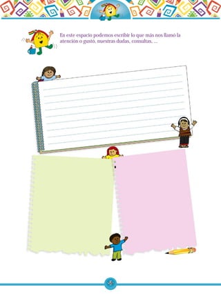 56
En este espacio podemos escribir lo que más nos llamó la
atención o gustó, nuestras dudas, consultas, ...
 