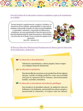 62
Uno de los Fines de la educación es formar estudiantes capaces de transformar
su realidad.
“Formar integral y equitativamente a mujeres y hombres, en
función de sus necesidades, particularidades y expectativas,
mediante el desarrollo armónico de todas sus potencialidades
y capacidades, valorando y respetando sus diferencias y
semejanzas, así como garantizando el ejercicio pleno de los
derechos fundamentales de todas las personas y colectividades,
y los derechos de la Madre Tierra en todos los ámbitos de la
educación”.
(Ley 070 - Artículo 4.2)
El Sistema Educativo Plurinacional fundamenta las Bases para la educación
de las bolivianas y bolivianos:
La educación es descolonizadora
La educación es productiva
La educación es intracultural, intercultural y plurilingüe
Valoriza los conocimientos y valores propios y busca romper
con cualquier forma de dominación.
Para desarrollar las vocaciones socio-productivas de las regiones
del país, concibe el trabajo productivo como una necesidad
vital para la existencia del ser humano, interrelacionando
hombre, sociedad y naturaleza.
Para fortalecer la identidad cultural y la unidad de todos los
bolivianos y las bolivianas, potenciando los saberes propios y
promoviendo la valoración y el respeto entre las culturas.
 