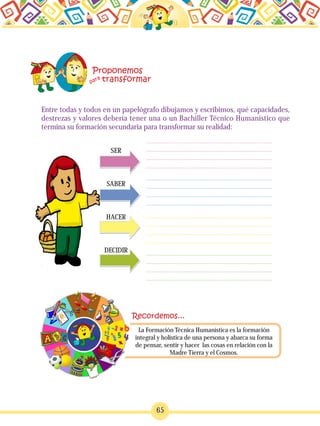 65
Entre todas y todos en un papelógrafo dibujamos y escribimos, qué capacidades,
destrezas y valores debería tener una o un Bachiller Técnico Humanístico que
termina su formación secundaria para transformar su realidad:
La Formación Técnica Humanística es la formación
integral y holística de una persona y abarca su forma
de pensar, sentir y hacer las cosas en relación con la
Madre Tierra y el Cosmos.
SER
SABER
HACER
DECIDIR
 