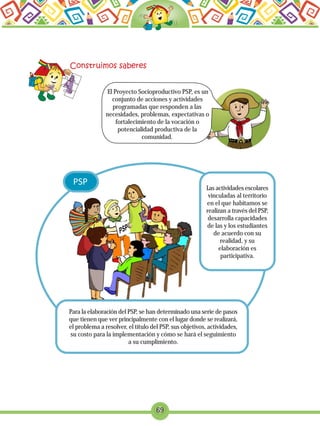 69
Las actividades escolares
vinculadas al territorio
en el que habitamos se
realizan a través del PSP,
desarrolla capacidades
de las y los estudiantes
de acuerdo con su
realidad, y su
elaboración es
participativa.
El Proyecto Socioproductivo PSP, es un
conjunto de acciones y actividades
programadas que responden a las
necesidades, problemas, expectativas o
fortalecimiento de la vocación o
potencialidad productiva de la
comunidad.
Para la elaboración del PSP, se han determinado una serie de pasos
que tienen que ver principalmente con el lugar donde se realizará,
el problema a resolver, el título del PSP, sus objetivos, actividades,
su costo para la implementación y cómo se hará el seguimiento
a su cumplimiento.
 