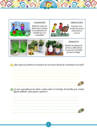 79
Reflexión sobre los
daños que ocasiona
la acumulación de
botellas pet a la
comunidad.
VALORACIÓN PRODUCCIÓN
Reciclaje de las
botellas pet para la
elaboración de
macetas
Siembra de plantas de
adorno y alimenticias
en macetas recicladas
pet para el hogar.
PRODUCTO
¿Qué aspectos positivos rescatamos de esta nueva forma de enseñanza en el aula?
¿Lo que aprendieron las niñas y niños sobre el reciclaje de botellas pet, tendrá
alguna utilidad? ¿Para quién o quiénes?
 