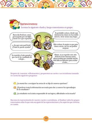 89
Buen día Profesor, estoy
preocupada por mi hijita
¿Usted cree que repruebe?
Es probable señora, desde que
iniciaron las clases no ha tenido
interés, tiene notas muy bajas...
Leemos la siguiente charla y luego comentamos en grupo:
Después de comentar, reflexionemos y preparemos un cuento o un sociodrama tomando
en cuenta las siguientes preguntas:
¿La mamá fue a averiguar las notas de su hija de manera oportuna?
¿El profesor tenía la información necesaria para dar a conocer los aprendizajes
de la estudiante?
¿La estudiante era la única responsable de sus logros y dificultades en la escuela?
Hacemos la representación de nuestro cuento o sociodrama, al finalizar todos los grupos
conversamos sobre lo que más nos gustó de las representaciones y los aspectos que tuvieron
en común.
y ¿En qué está mal Profe?
¿Cómo le puedo ayudar?
Mire señora, lo mejor es que pase
clases extras, tal vez así podría
mejorar
Ya reprobó el año pasado y
por eso le he cambiado de
colegio...
Mmm, si ya reprobó este año
debería tener buenas notas,
ahora tendría que estudair mucho
sólo falta un bimestre para acabar
el año...
 
