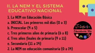 II. LA NEM Y EL SISTEMA
EDUCATIVO NACIONAL
1. La NEM en Educación Básica
a. INICIAL. Los primeros mil días (0 a 3)
b. Preescolar (4 a 5)
c. Tres primeros años de primaria (6 a 8)
d. Tres años finales de primaria (9 a 11)
e. Secundaria (11 a 14)
2. La NEM en educación comunitaria (0 a 14)
 