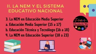 II. LA NEM Y EL SISTEMA
EDUCATIVO NACIONAL
3. La NEM en Educación Media Superior
a. Educación Media Superior (15 a 17)
b. Educación Técnica y Tecnólogo (16 a 18)
4. La NEM en Educación Superior (18 a 23)
 