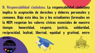 B. Responsabilidad ciudadana. La responsabilidad ciudadana
implica la aceptación de derechos y deberes personales y
comunes. Bajo esta idea, las y los estudiantes formados en
la NEM respetan los valores cívicos esenciales de nuestro
tiempo: honestidad, respeto, justicia, solidaridad,
reciprocidad, lealtad, libertad, equidad y gratitud, entre
otros.
 