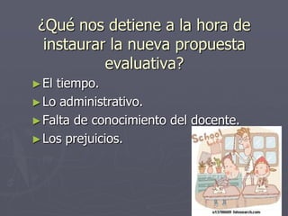 ¿Qué nos detiene a la hora de instaurar la nueva propuesta evaluativa?El tiempo.Lo administrativo.Falta de conocimiento del docente.Los prejuicios. 