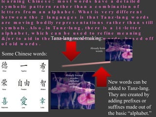 Learning Tanz-lang is, in one major way, like learning Chinese:  most words have a detailed symbolic pattern rather than a combination of letters from an alphabet. What is very different between the 2 languages is that Tanz-lang words are moving bodily representations rather than still symbols. Also, in Tanz-lang, there is a 14-letter alphabet, which can be used to refine meaning &/or to aid in the creation of new words, based off of old words.  New words can be added to Tanz-lang. They are created by adding prefixes or suffixes made out of the basic “alphabet.” Some Chinese words: Tanz-lang word-making: 