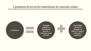 I prestatori di servizi di condivisione di contenuti online
compliance
Tipologia,
pubblico e
dimensione
servizio +
tipologia opere
caricate
Disponibilità
strumenti
adeguati ed
efficaci e relativo
costo per il
prestatore
 