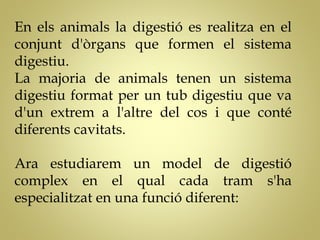 En els animals la digestió es realitza en el
conjunt d'òrgans que formen el sistema
digestiu.
La majoria de animals tenen un sistema
digestiu format per un tub digestiu que va
d'un extrem a l'altre del cos i que conté
diferents cavitats.
Ara estudiarem un model de digestió
complex en el qual cada tram s'ha
especialitzat en una funció diferent:
 