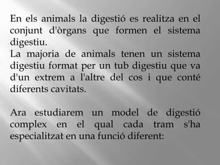 En els animals la digestió es realitza en el
conjunt d'òrgans que formen el sistema
digestiu.
La majoria de animals tenen un sistema
digestiu format per un tub digestiu que va
d'un extrem a l'altre del cos i que conté
diferents cavitats.
Ara estudiarem un model de digestió
complex en el qual cada tram s'ha
especialitzat en una funció diferent:
 