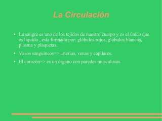 La Circulación
● La sangre es uno de los tejidos de nuestro cuerpo y es el único que
es líquido , esta formado por: glóbulos rojos, glóbulos blancos,
plasma y plaquetas.
● Vasos sanguíneos=> arterias, venas y capilares.
● El corazón=> es un órgano con paredes musculosas.
 