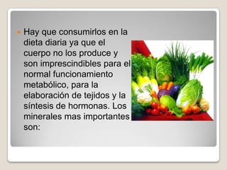    Hay que consumirlos en la
    dieta diaria ya que el
    cuerpo no los produce y
    son imprescindibles para el
    normal funcionamiento
    metabólico, para la
    elaboración de tejidos y la
    síntesis de hormonas. Los
    minerales mas importantes
    son:
 