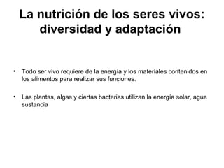 La nutrición de los seres vivos:
diversidad y adaptación
• Todo ser vivo requiere de la energía y los materiales contenidos en
los alimentos para realizar sus funciones.
• Las plantas, algas y ciertas bacterias utilizan la energía solar, agua
sustancia
 