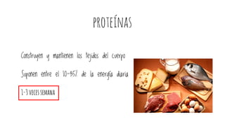 proteínas
Construyen y mantienen los tejidos del cuerpo
Suponen entre el 10-35% de la energía diaria
1-3vecessemana
 