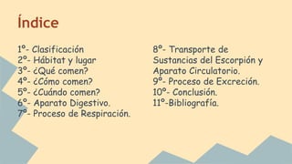 Índice
1º- Clasificación
2º- Hábitat y lugar
3º- ¿Qué comen?
4º- ¿Cómo comen?
5º- ¿Cuándo comen?
6º- Aparato Digestivo.
7º- Proceso de Respiración.
8º- Transporte de
Sustancias del Escorpión y
Aparato Circulatorio.
9º- Proceso de Excreción.
10º- Conclusión.
11º-Bibliografía.
 