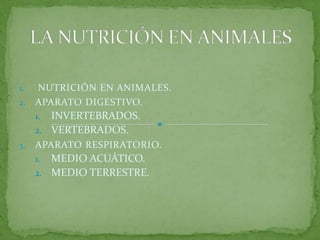 1. NUTRICIÓN EN ANIMALES.
2. APARATO DIGESTIVO.
     1. INVERTEBRADOS.
     2. VERTEBRADOS.
3.   APARATO RESPIRATORIO.
     1. MEDIO ACUÁTICO.
     2. MEDIO TERRESTRE.
 