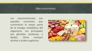 Macronutrientes.
Los macronutrientes son
aquellos nutrientes que
suministran la mayor parte
de la energía metabólica del
organismo. Los principales
son glúcidos, proteínas, y
lípidos. Otros incluyen
alcohol y ácidos orgánicos.
 