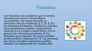 Vitaminas
Las vitaminas son sustancias que el cuerpo
necesita para crecer y desarrollarse
normalmente. Su cuerpo necesita 13
vitaminas. Son las vitaminas A, C, D, E, K y
las vitaminas B (tiamina, riboflavina, niacina,
ácido pantoténico, biotina, vitamina B-6,
vitamina B-12 y folato o ácido fólico). Por lo
general, las vitaminas provienen de los
alimentos que consume. El cuerpo también
puede producir vitaminas D y K. Las personas
que llevan una dieta vegetariana pueden
necesitar un suplemento de vitamina B12.
 