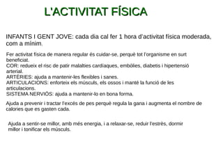 L'ACTIVITAT FÍSICAL'ACTIVITAT FÍSICA
INFANTS I GENT JOVE: cada dia cal fer 1 hora d’activitat física moderada,
com a mínim.
Fer activitat física de manera regular és cuidar-se, perquè tot l’organisme en surt
beneficiat.
COR: redueix el risc de patir malalties cardíaques, embòlies, diabetis i hipertensió
arterial.
ARTÈRIES: ajuda a mantenir-les flexibles i sanes.
ARTICULACIONS: enforteix els músculs, els ossos i manté la funció de les
articulacions.
SISTEMA NERVIÓS: ajuda a mantenir-lo en bona forma.
Ajuda a prevenir i tractar l’excés de pes perquè regula la gana i augmenta el nombre de
calories que es gasten cada.
Ajuda a sentir-se millor, amb més energia, i a relaxar-se, reduir l’estrès, dormir
millor i tonificar els músculs.
 
