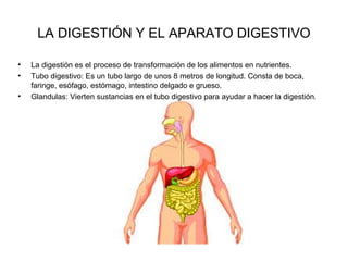 LA DIGESTIÓN Y EL APARATO DIGESTIVO
•
•
•

La digestión es el proceso de transformación de los alimentos en nutrientes.
Tubo digestivo: Es un tubo largo de unos 8 metros de longitud. Consta de boca,
faringe, esófago, estómago, intestino delgado e grueso.
Glandulas: Vierten sustancias en el tubo digestivo para ayudar a hacer la digestión.

 