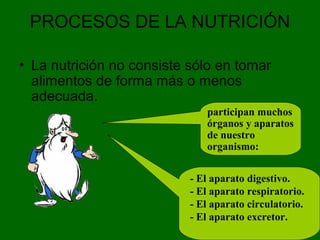 PROCESOS DE LA NUTRICIÓN
• La nutrición no consiste sólo en tomar
alimentos de forma más o menos
adecuada.
- El aparato digestivo.
- El aparato respiratorio.
- El aparato circulatorio.
- El aparato excretor.
participan muchos
órganos y aparatos
de nuestro
organismo:
 