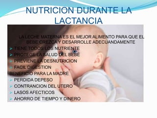 NUTRICION DURANTE LA
LACTANCIA
LA LECHE MATERNA ES EL MEJOR ALIMENTO PARA QUE EL
BEBE CREZCA Y DESARROLLE ADECUANDAMENTE
 TIENE TODOS LOS NUTRIENTE
 PROTEGE LA SALUD DEL BEBE
 PREVIENE LA DESNUTRICION
 FACIL DIGESTION
BENEFICIO PARA LA MADRE
 PERDIDA DEPESO
 CONTRANCION DEL UTERO
 LASOS AFECTICOS
 AHORRO DE TIEMPO Y DINERO
 