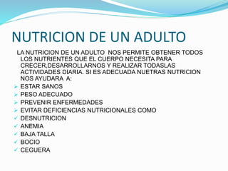NUTRICION DE UN ADULTO
LA NUTRICION DE UN ADULTO NOS PERMITE OBTENER TODOS
LOS NUTRIENTES QUE EL CUERPO NECESITA PARA
CREC...