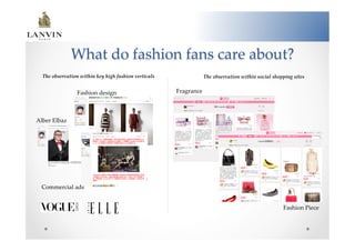 What  do  fashion  fans  care  about?    	
  The  observation  within  key  high  fashion  verticals	
              The  observation  within  social  shopping  sites  	


                     Fashion  design	
                        Fragrance  	



Alber  Elbaz    	




  Commercial  ads	


                                                                                                                  Fashion  Piece  	
 