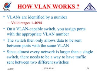 BSNL
HOW VLAN WORKS ?
• VLANs are identified by a number
– Valid ranges 1-4094
• On a VLAN-capable switch, you assign ports
with the appropriate VLAN number
• The switch then only allows data to be sent
between ports with the same VLAN
• Since almost every network is larger than a single
switch, there needs to be a way to have traffic
sent between two different switches
ALTTC LAN & VLAN 28
 