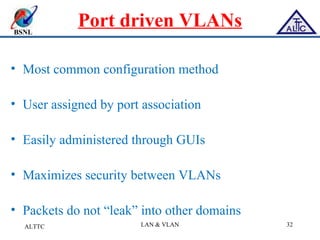 BSNL
Port driven VLANs
• Most common configuration method
• User assigned by port association
• Easily administered through GUIs
• Maximizes security between VLANs
• Packets do not “leak” into other domains
ALTTC LAN & VLAN 32
 
