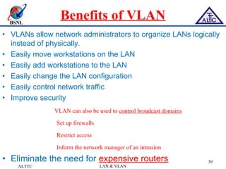 BSNL
Benefits of VLAN
• VLANs allow network administrators to organize LANs logically
instead of physically.
• Easily move workstations on the LAN
• Easily add workstations to the LAN
• Easily change the LAN configuration
• Easily control network traffic
• Improve security
VLAN can also be used to control broadcast domains
Set up firewalls
Restrict access
Inform the network manager of an intrusion
• Eliminate the need for expensive routers
ALTTC LAN & VLAN
39
 