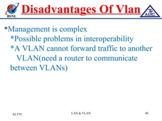 BSNL
Disadvantages Of Vlan
*Management is complex
*Possible problems in interoperability
*A VLAN cannot forward traffic to another
VLAN(need a router to communicate
between VLANs)
ALTTC LAN & VLAN 40
 