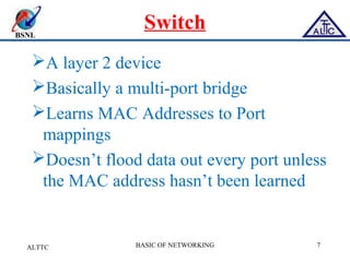 BSNL
Switch
A layer 2 device
Basically a multi-port bridge
Learns MAC Addresses to Port
mappings
Doesn’t flood data out every port unless
the MAC address hasn’t been learned
ALTTC BASIC OF NETWORKING 7
 