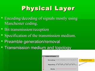 Physical Layer
 Encoding/decoding of signals mostly using
Manchester coding.
 Bit transmission/reception
 Specification of the transmission medium.
 Preamble generation/removal
 Transmission medium and topology

13

 