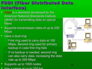 FDDI (Fiber Distributed Data
Interface)
 FDDI is a standard developed by the
American National Standards Institute
(ANSI) for transmitting data on optical
fibers
 Supports transmission rates of up to 200
Mbps
 Uses a dual ring
 First ring used to carry data at 100
Mbps. Second ring used for primary
backup in case first ring fails
 If no backup is needed, second ring
can also carry data, increasing the data
rate up to 200 Mbps
 Supports up to 1000 nodes

16

 
