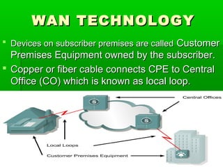 WAN TECHNOLOGY
 Devices on subscriber premises are called Customer

Premises Equipment owned by the subscriber.
 Copper or fiber cable connects CPE to Central
Office (CO) which is known as local loop.

19

 